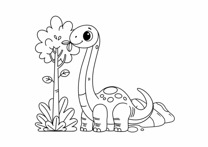 Dinosaurs 10 Langhalset dinosaur med store øjne ved en plante