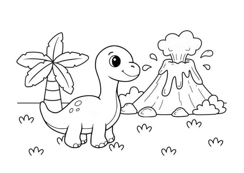 Dinosaurs 3 Sød langhalset dinosaur med store øjne ved en vulkan
