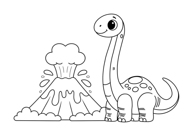 Dinosaurs 2 Langhalset dinosaur ved en vulkan og et forhistorisk træ
