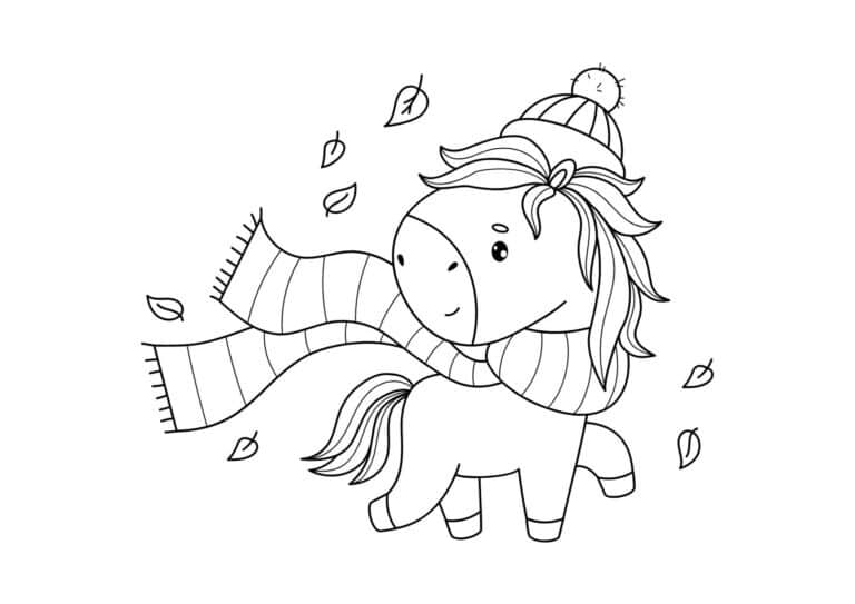 Glad pony med halstørklæde og hue i blæsevejr – tegning til farvelægning