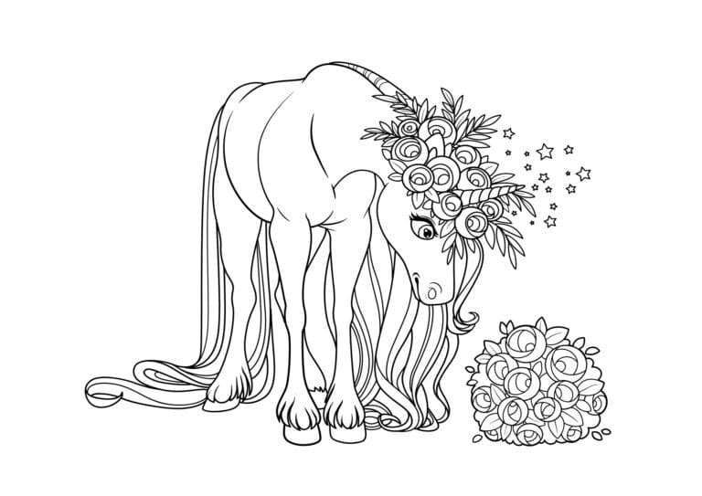 Hest med blomster i manken – tegning til farvelægning