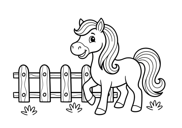 Sød pony ved et lille plankeværk – tegning til farvelægning