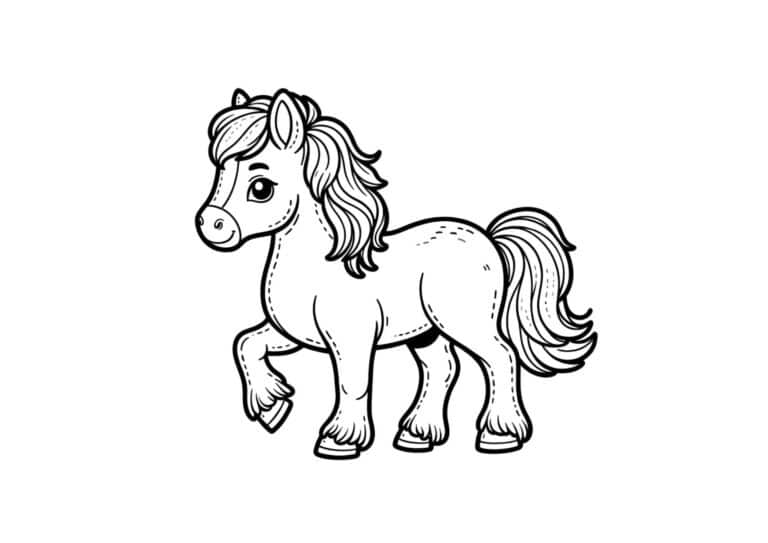 Glad pony, der løfter et forben – tegning til farvelægning