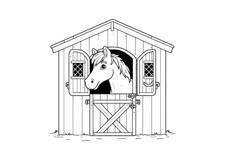 Hest, der kigger ud fra sit hus i stalden – tegning til farvelægning