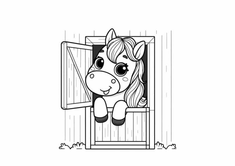 Sød pony, der kigger ud af et staldvindue – tegning til farvelægning