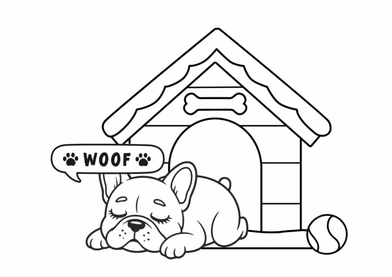 hunde 3 Hund, der hviler i hundehuset og siger vov
