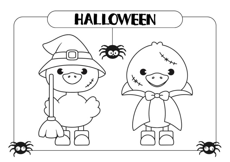 Halloween 5 To søde Halloween-figurer klædt ud som heks og vampyr med små edderkopper.