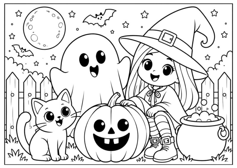 Halloween 1 Halloween-tegning med sød heks, spøgelse, kat og smilende græskar under fuldmånen.