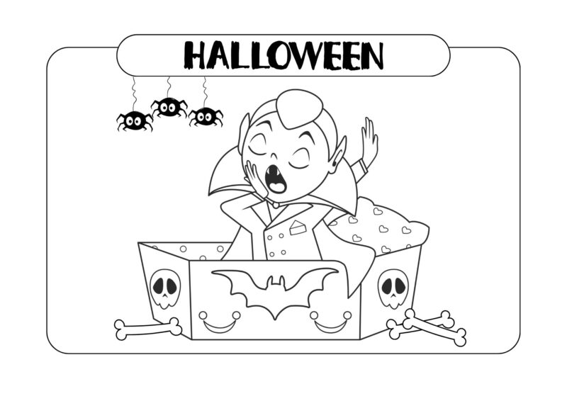 Halloween-tegning med en vampyr, der springer op af en kiste med kranier.