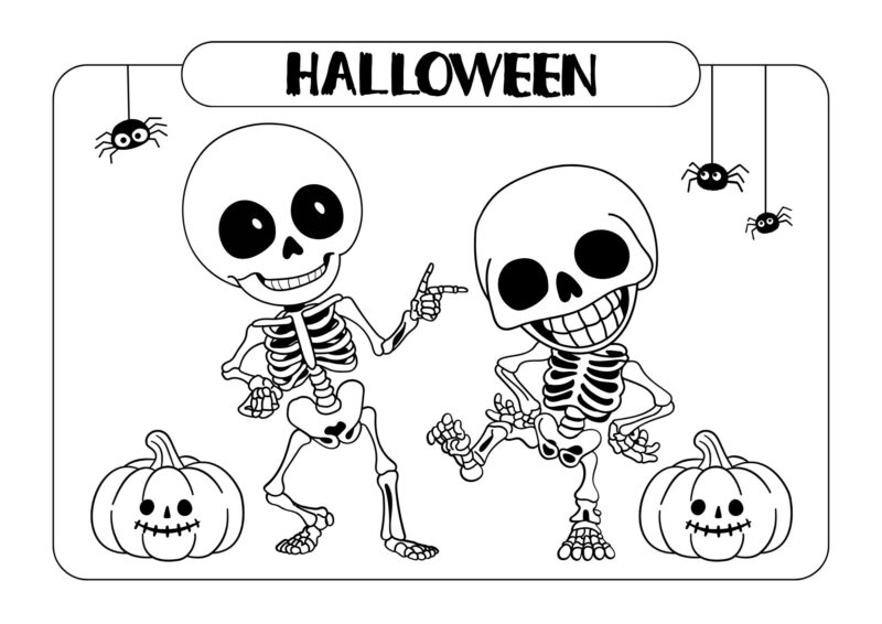 To dansende skeletter med smilende græskar – Halloween-tegning til farvelægning.
