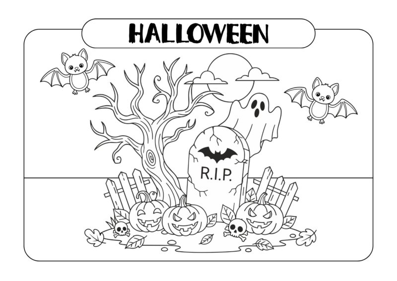 Halloween-tegning med uhyggeligt træ, gravsten, spøgelser, flagermus og græskar på en kirkegård.