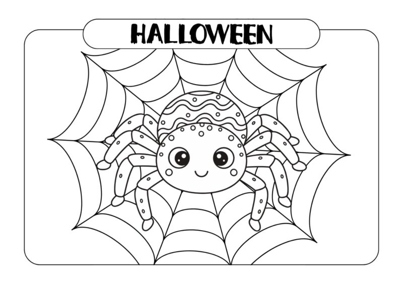 Sød edderkop med store øjne i et spindelvæv – Halloween-tegning til farvelægning.