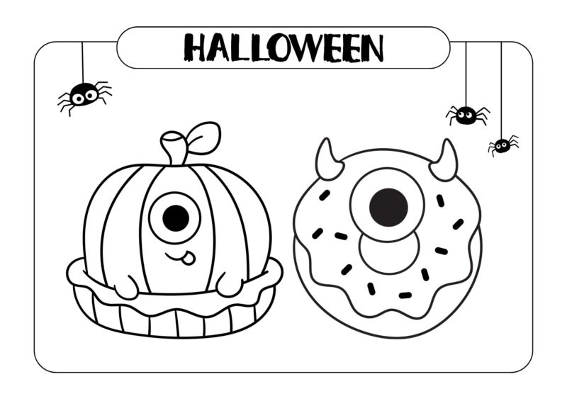 Halloween 22 Halloween-tegning med græskar og en donut pyntet med et stort monsterøje.