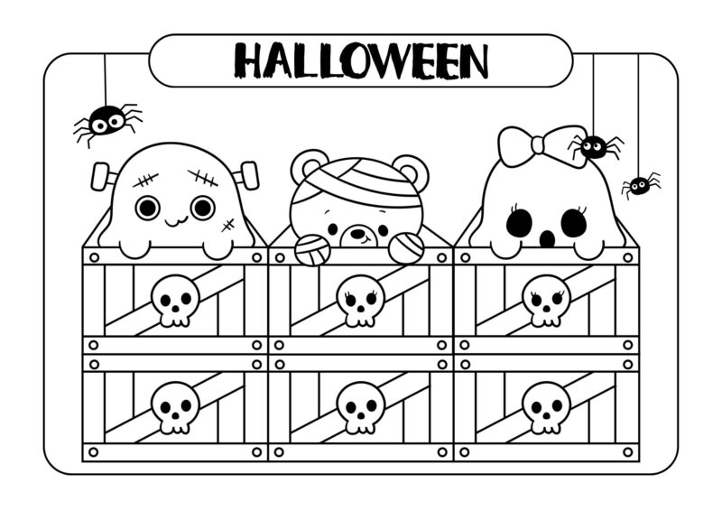 Halloween 21 Tre søde Halloween-monstre, der kigger frem bag kasser pyntet med kranier.