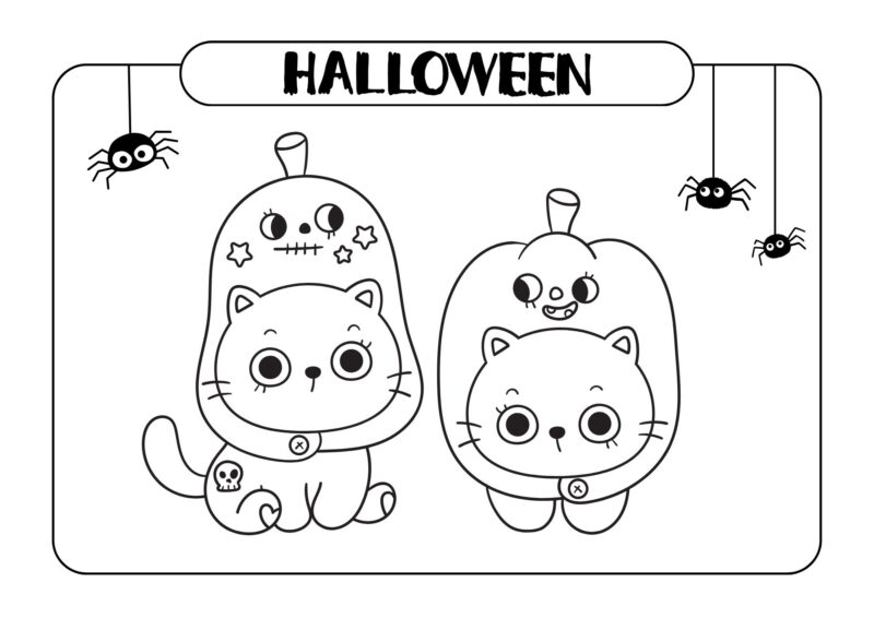 Halloween 15 To søde katte i Halloween-kostumer med kranier og edderkopper.