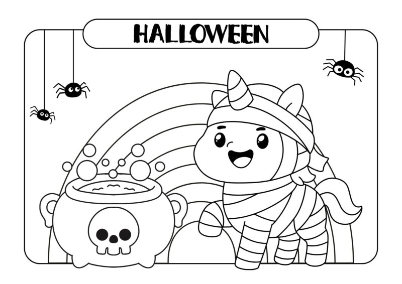 Halloween 2 Halloween-tegning med en enhjørning i mumiekostume ved en gryde med kranium.