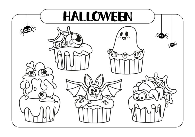 Halloween 24 Fem Halloween-cupcakes pyntet med spøgelser, flagermus og uhyggelige øjne.
