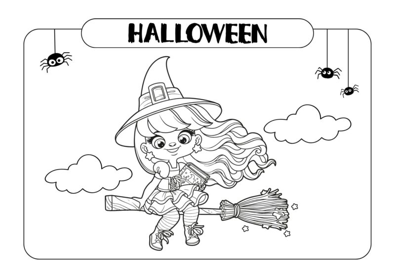 Halloween 23 Lille heks med langt hår, der flyver på et kosteskaft mellem skyer og edderkopper.