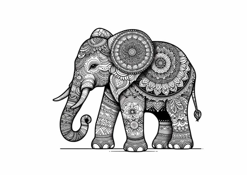 Elefant med snabel og detaljerede mandalamønstre på kroppen