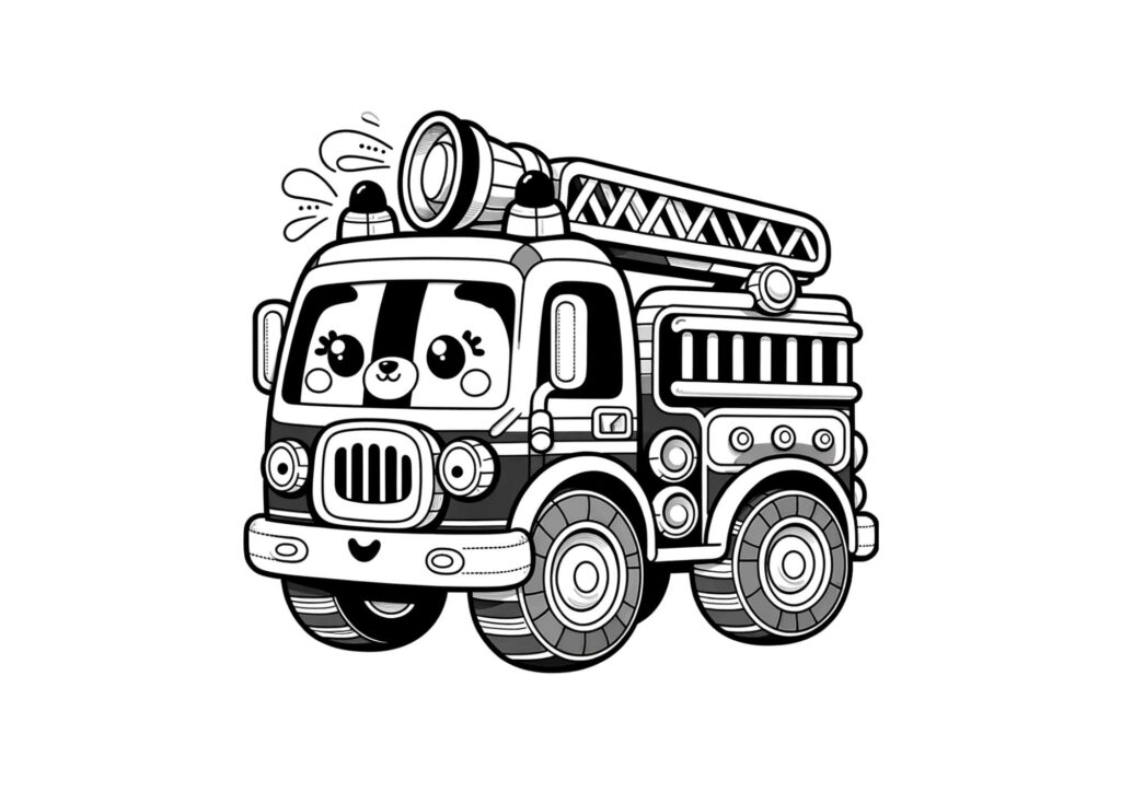 Billedet viser en tegning af en brandbil egnet til små børn
