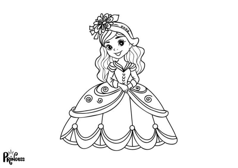 Prinsesse i flot kjole – tegning til print