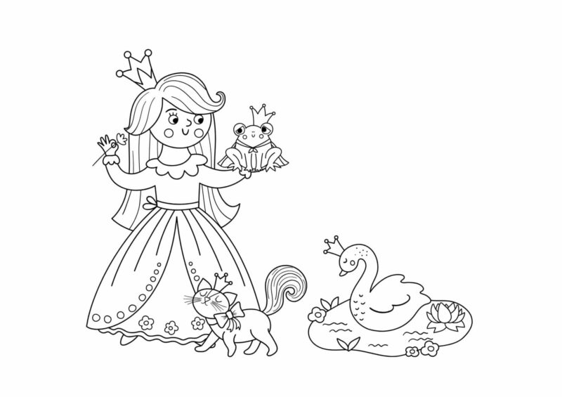 Prinsesse med sin hest – tegning til farvelægning