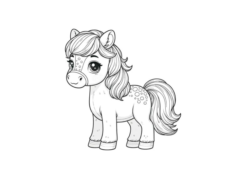 Lille pony med langt hår og store øjne – tegning til farvelægning
