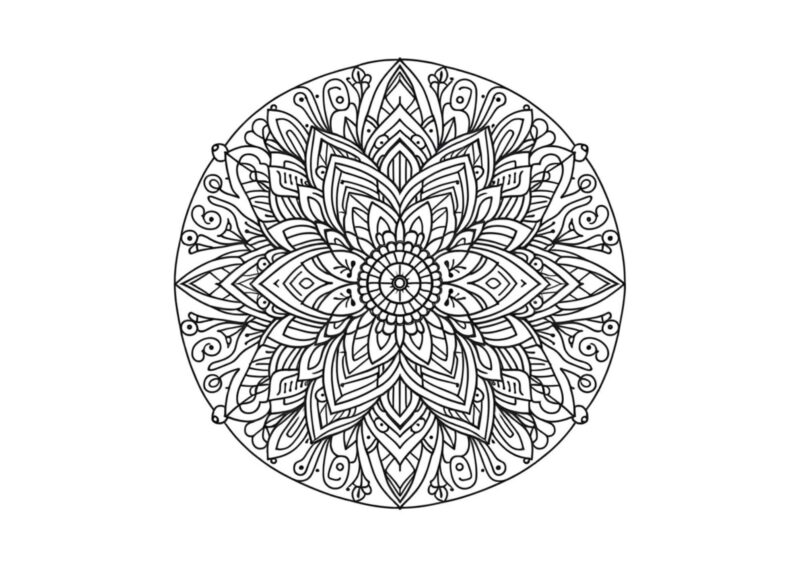 Mandala til farvelægning med tætte blomsterblade og fine symmetriske detaljer