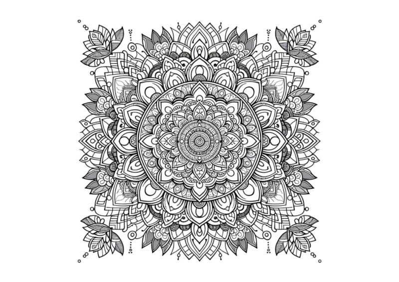 Mandala til farvelægning med et detaljeret blomstermønster omkring midten