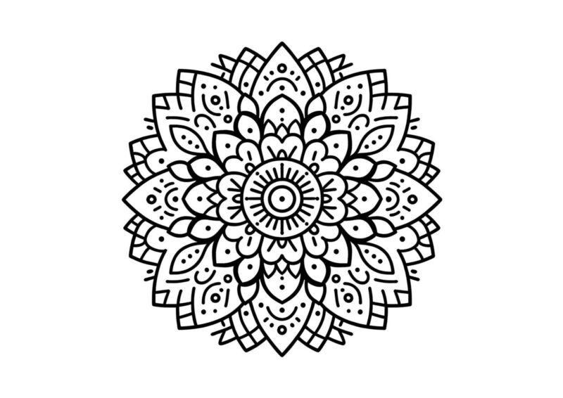 Mandala til farvelægning med spidse blade og gentagne geometriske figurer