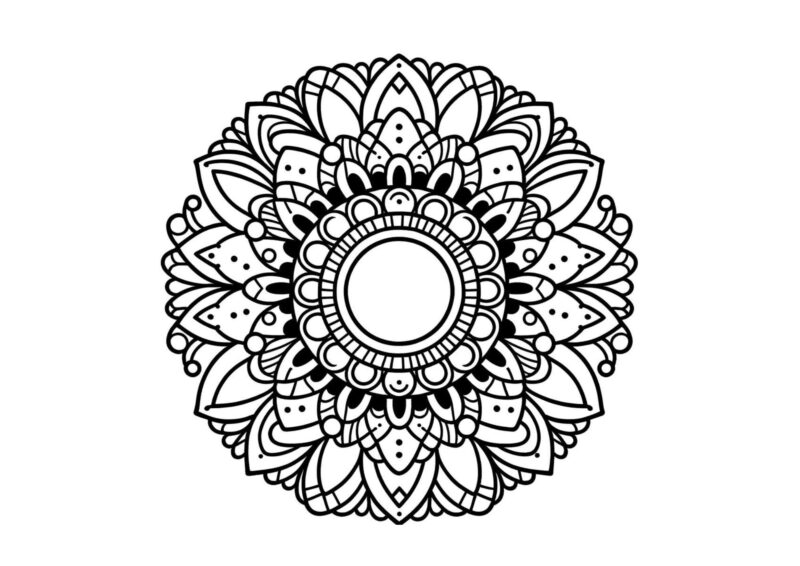 Mandala til farvelægning med store blomsterblade og mindre ornamenter