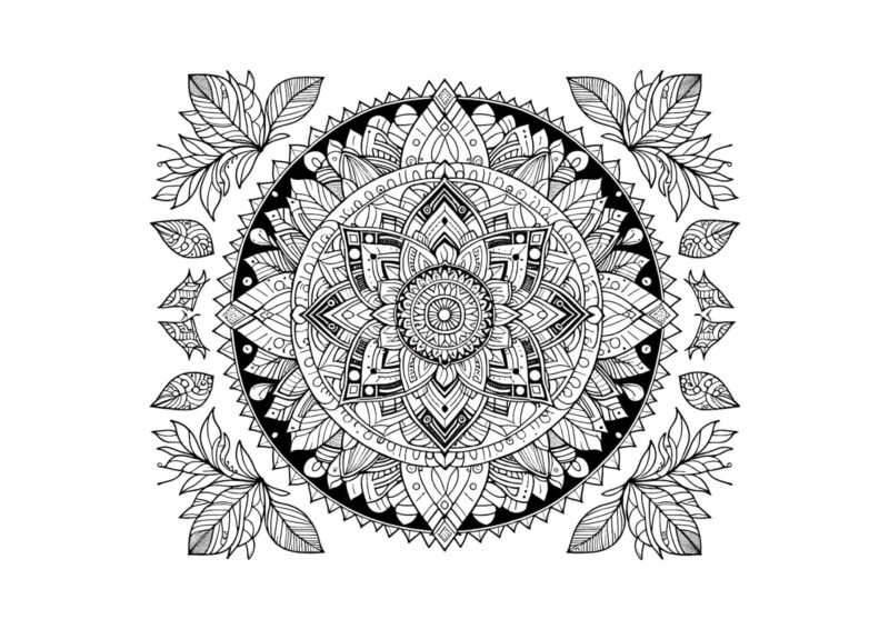 Mandala til farvelægning med gentagne blade og detaljer omkring centrum