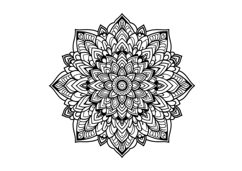Mandala til farvelægning med et detaljeret blomstermønster omkring midten
