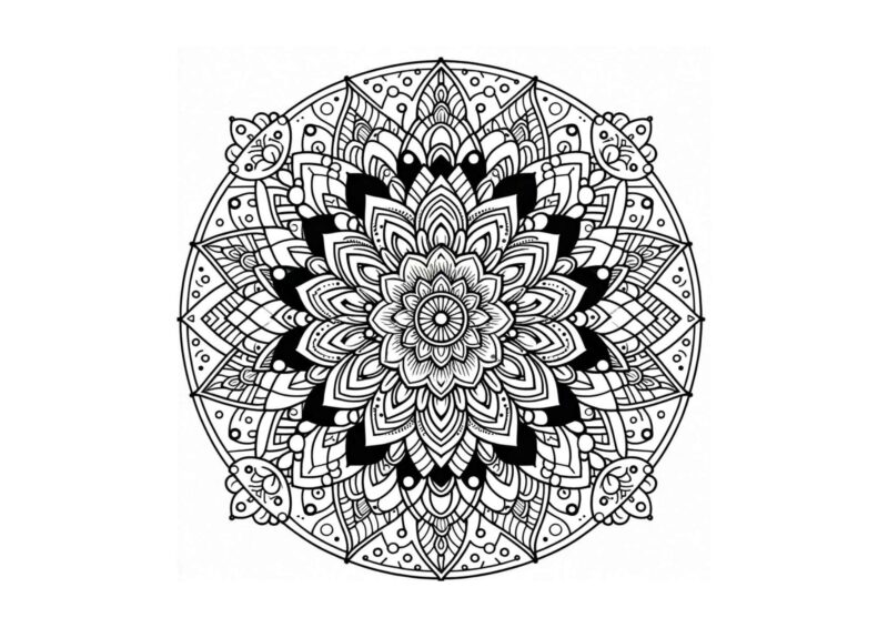 Mandala til farvelægning med spidse blade og gentagne geometriske figurer