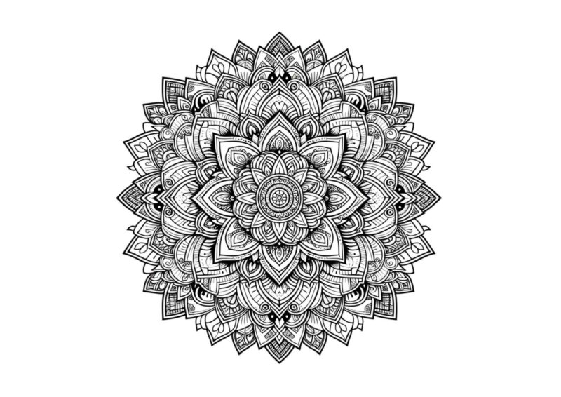 Mandala til farvelægning med fine linjer og blomsterformede ornamenter