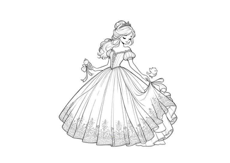Prinsesser 21 Prinsesse med sommerfugle og blomster – tegning