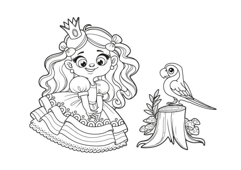 Prinsesse med krone og et lille dyr – tegning