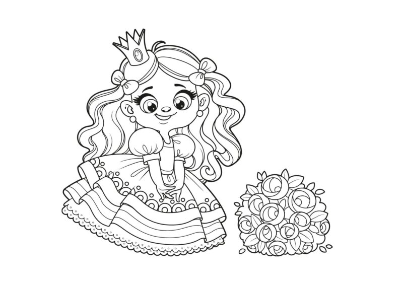 Prinsesse med krone og blomster – tegning