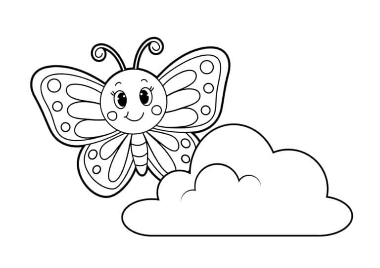 Sommerfugle 9 Glad sommerfugl flyver over en sky – gratis tegning til farvelægning