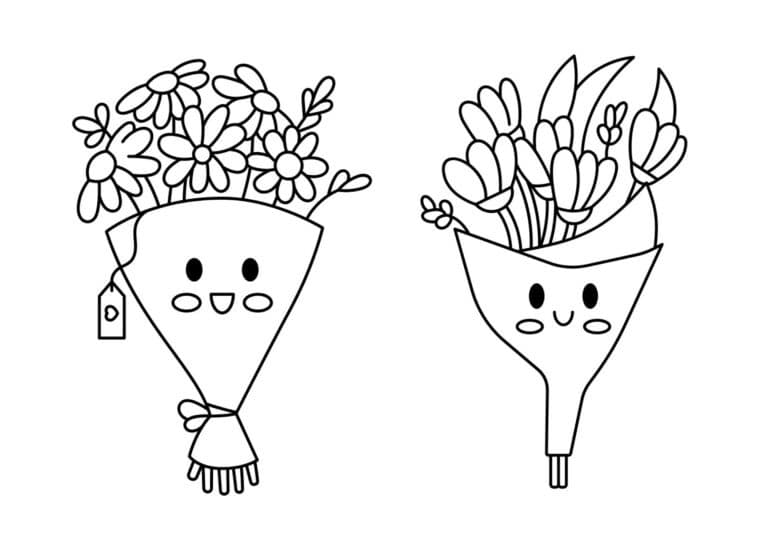 Blomster 24 Tegning af to blomsterbuketter med smilende ansigter. Buketten til venstre har forskellige blomster og blade, og er pakket ind med et bånd og et mærke. Buketten til højre har tulipaner med lange blade og er desuden pakket ind med et bånd.