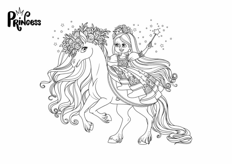 Prinsesser 17 Prinsesse og hest i en eventyrlig scene – tegning