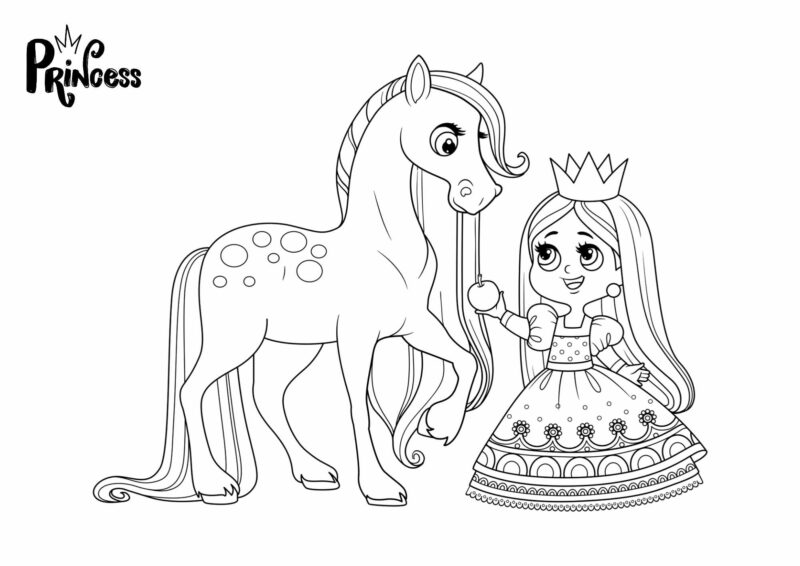 Prinsesser 16 Prinsesse ved en hest med lang manke – tegning