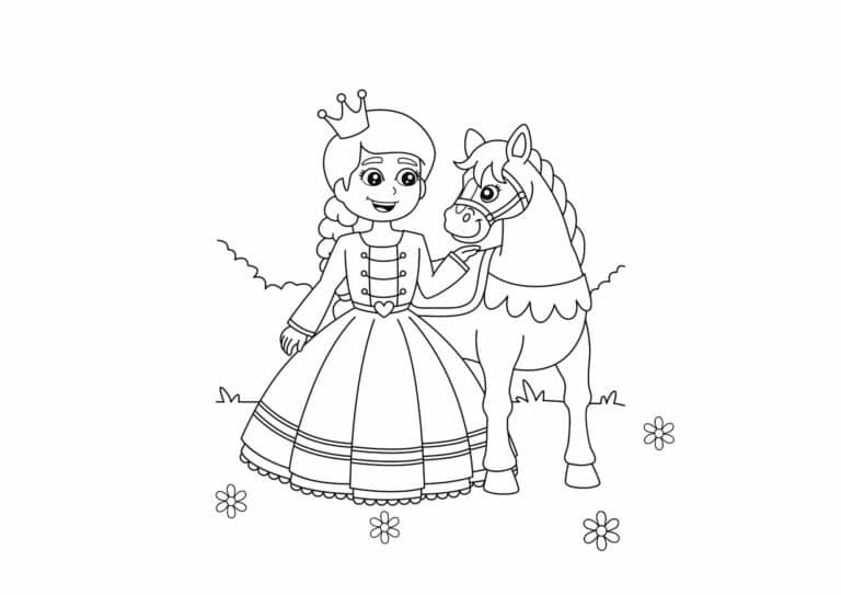 Prinsesser 17 Prinsesse med sin hest – tegning til print