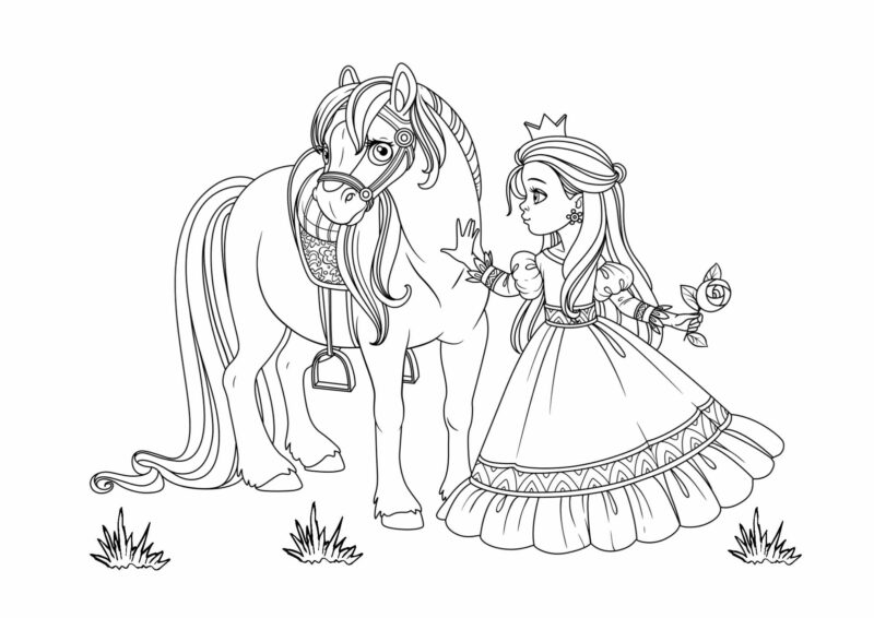 Prinsesser 14 Prinsesse ved hest med blomster – tegning
