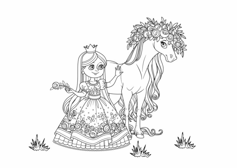Prinsesser 13 Prinsesse med hest i skoven – tegning til farvelægning