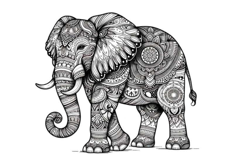 Elefant med snabel og detaljerede mandalamønstre på kroppen
