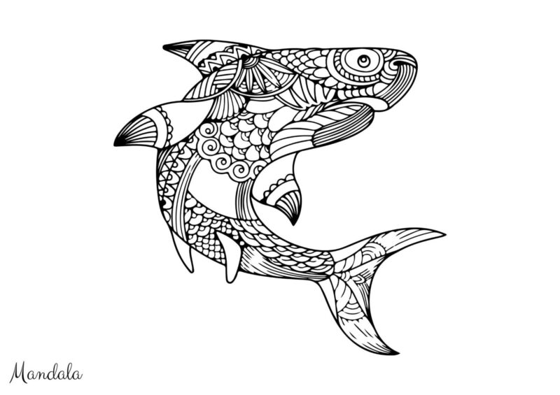 Mandalas 12 Fisk med dekorative mønstre på finner og krop til farvelægning