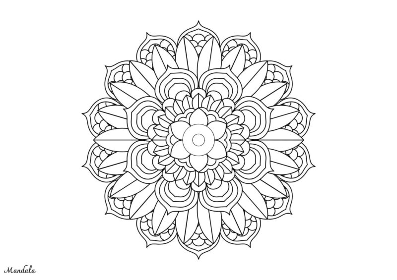 Mandalas 4 Detaljeret mandala med mange lag af blomsterblade til farvelægning