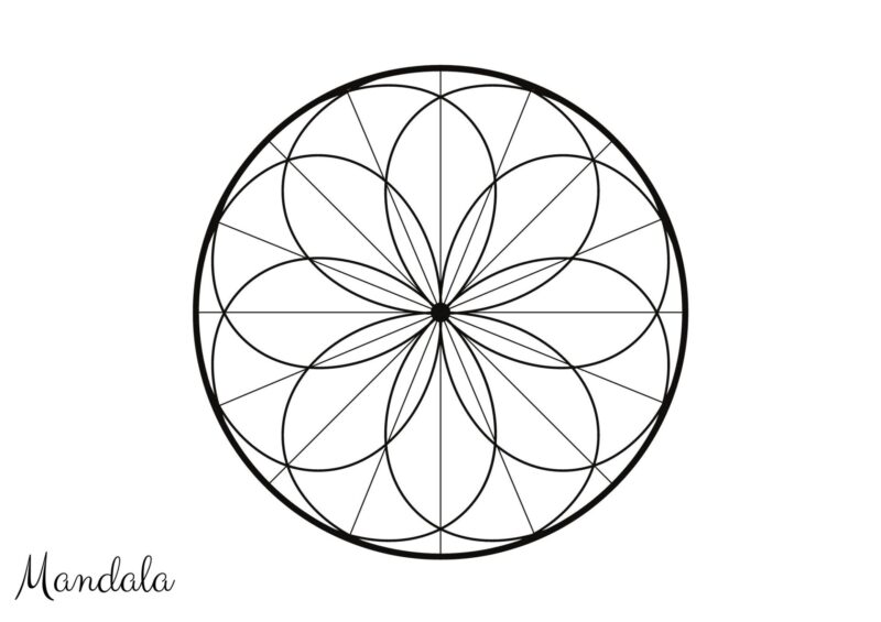 Mandalas 1 Geometrisk cirkelmandala med overlappende buer til farvelægning