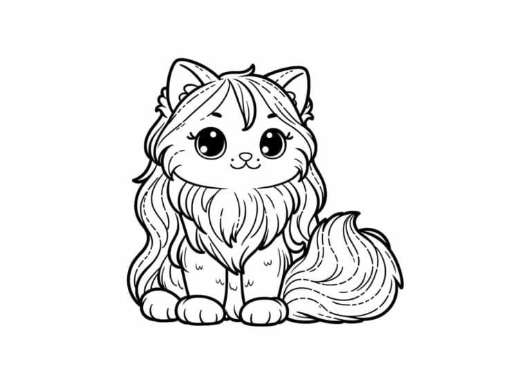 En langhåret kat sidder med busket hale – tegning til farvelægning